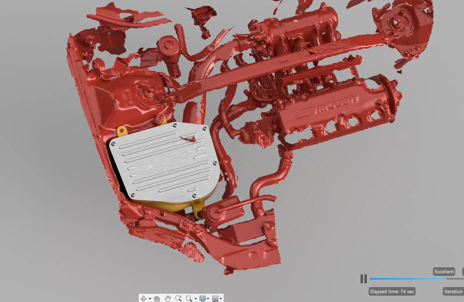 Machined part test-fitted in the engine bay scan